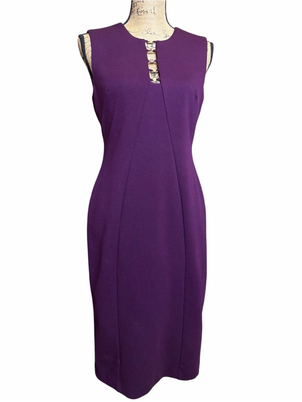 Calvin Klein Purple Sleeveless Sheath Dress with Gold details EC. Size 4